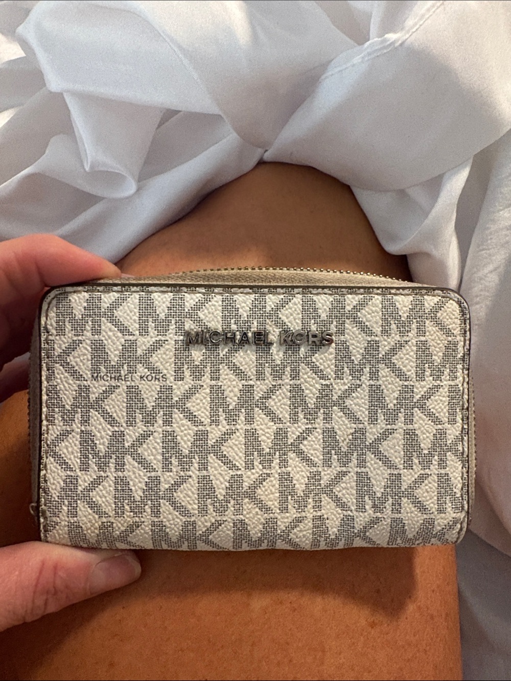 Michael Kors white and Light Gray MK Zip-Around Card Wallet